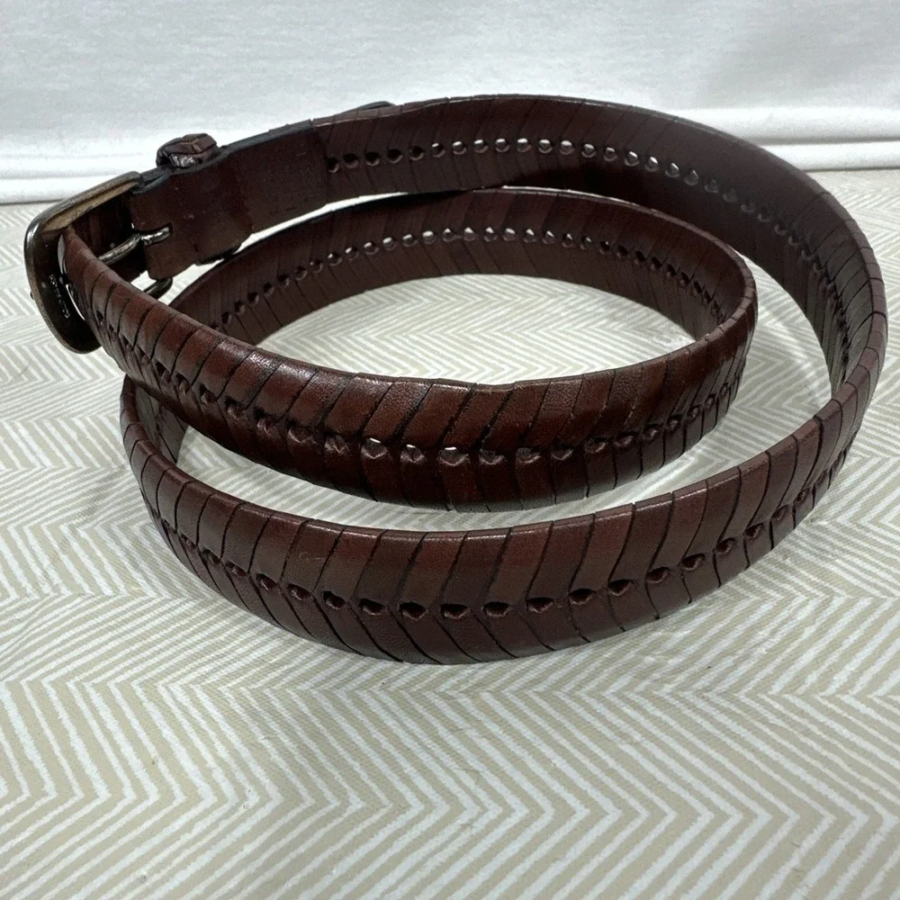 Mens Woven Braided Brown Leather Belt 100% genuine leather Solid Brass Buckle 32
